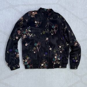 Massimo Dutti Black Bomber Jacket with Floral Accents - Sz M